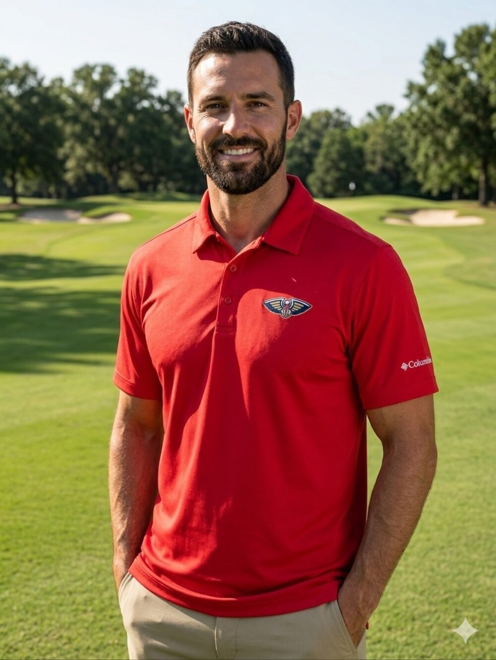 Columbia Men’s Red Golf Polo with NBA New Orleans Pelicans Logo, Size Large